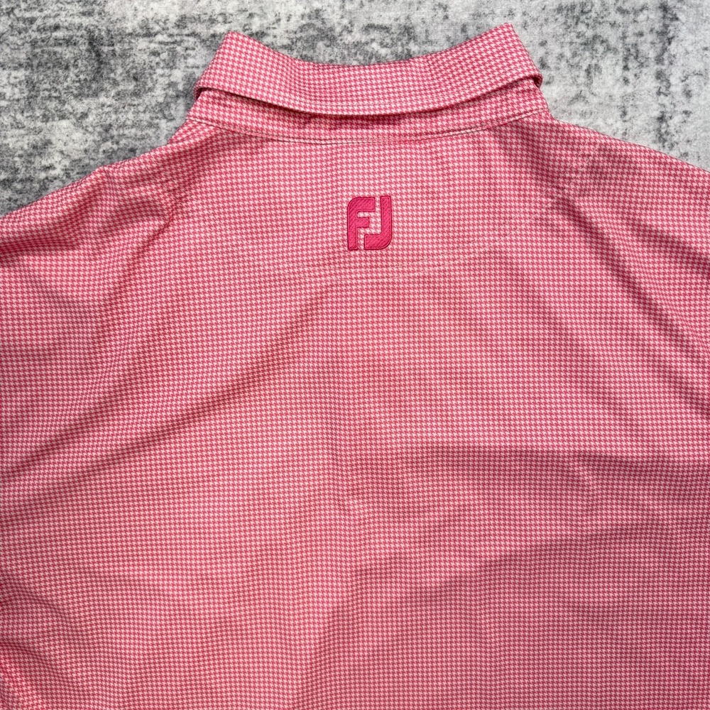 FootJoy Polo Shirt Mens Large Pink Houndstooth Geometric Golf Performance Travel - Picture 8 of 11